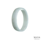 A close-up image of a flat, certified untreated white Burma jade bangle bracelet with a diameter of 53mm. The bracelet is beautifully crafted and showcases the natural beauty of the jade stone.