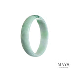 A close-up image of a jade bangle bracelet, showcasing its smooth, untreated white surface with vibrant green streaks. The bracelet has a flat shape and measures 52mm in diameter. This exquisite piece is certified and originates from Burma. It is a creation of MAYS™, a renowned brand specializing in precious gemstone jewelry.
