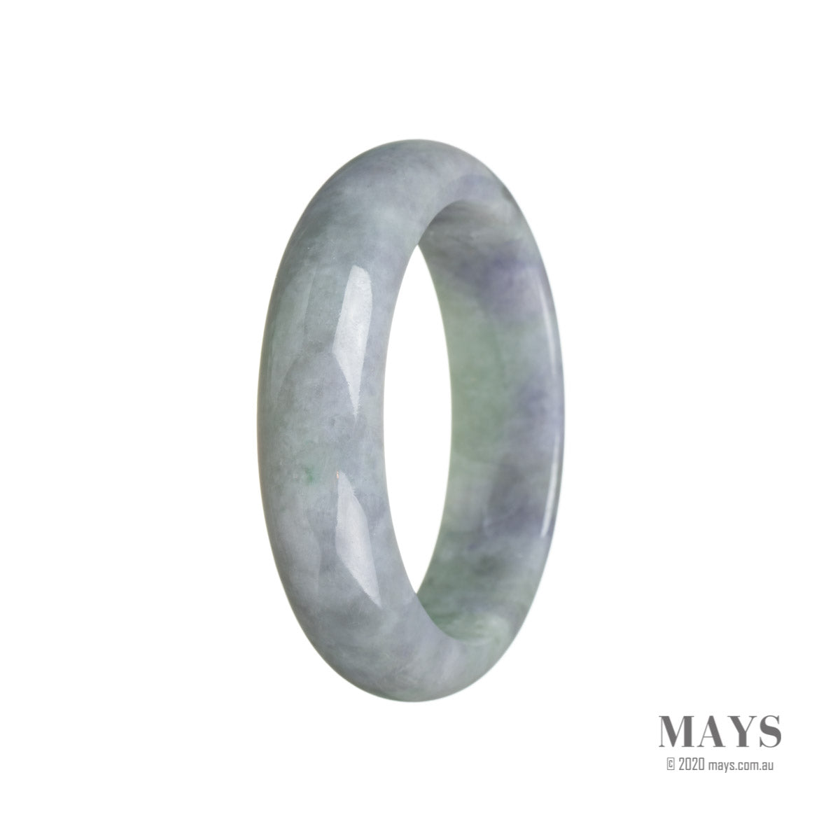 A close-up of a stunning lavender and green jade bracelet featuring a 55mm half moon design.