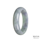 A close-up of a stunning lavender and green jade bracelet featuring a 55mm half moon design.