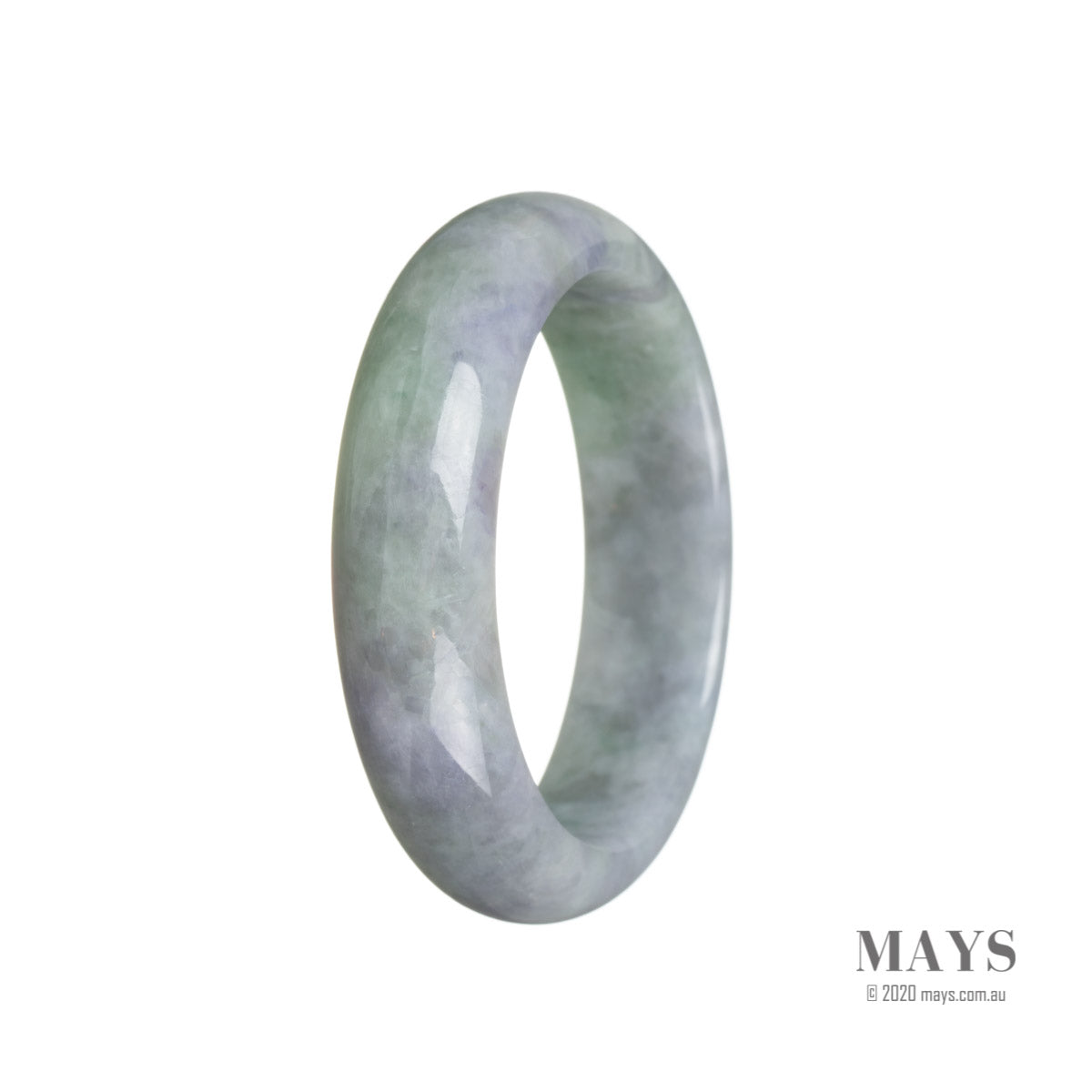 A close-up photo of an exquisite lavender and green jadeite bangle with a half-moon shape, measuring 55mm in size. The bangle is of authentic Grade A quality and is a stunning piece of jewelry from the MAYS™ collection.