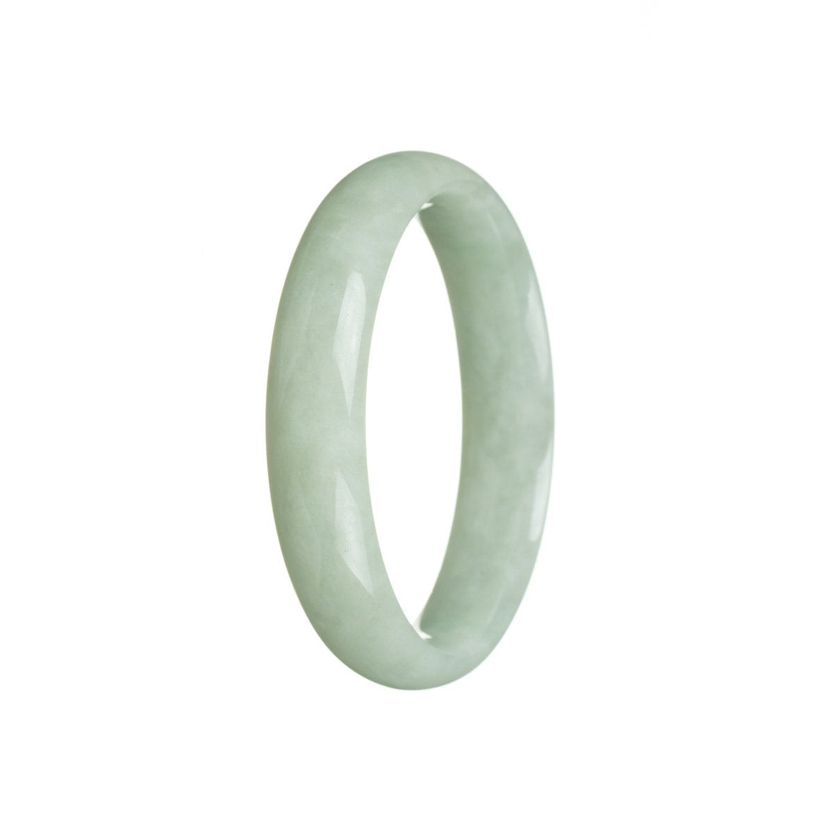 A close-up photo of a light green jadeite bracelet in the shape of a half moon. The bracelet is made with high-quality grade A jadeite and measures 56mm in diameter. It has a smooth and polished surface, showcasing the natural beauty of the jadeite stone. The bracelet is from MAYS GEMS, a reputable jewelry brand.
