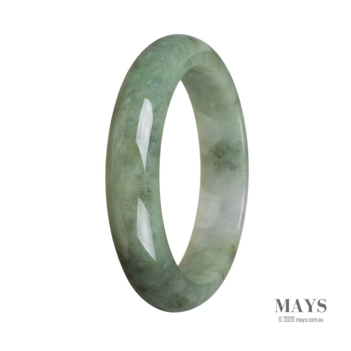 Image of a beautiful green jade bangle with a half-moon shape, measuring 60mm in diameter. This high-quality jadeite bangle features a smooth and polished surface, showcasing the natural beauty of the jade. Perfect for those seeking a timeless and elegant piece of jewelry.
