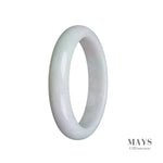 A close-up photo of a white jade bangle, featuring a smooth, semi-round shape. The bangle is made of genuine Grade A white jade and measures 60mm in diameter. It is a beautiful piece of jewelry from MAYS GEMS.