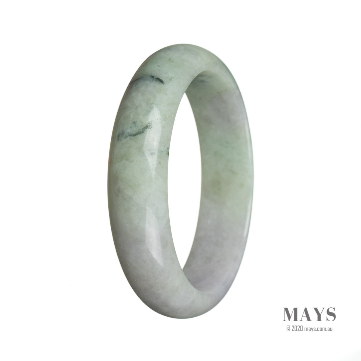 A beautiful half moon-shaped jadeite bracelet in a genuine Type A green color with a subtle lavender hue.