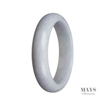 A genuine pale lavender Burma Jade bangle with a half moon shape, measuring 59mm. Perfect for adding a touch of elegance to your outfit. By MAYS™.
