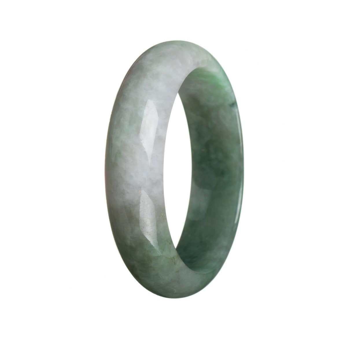 A stunning certified Type A jade bangle bracelet in light and dark green hues, featuring a 57mm half moon shape. Created by MAYS.