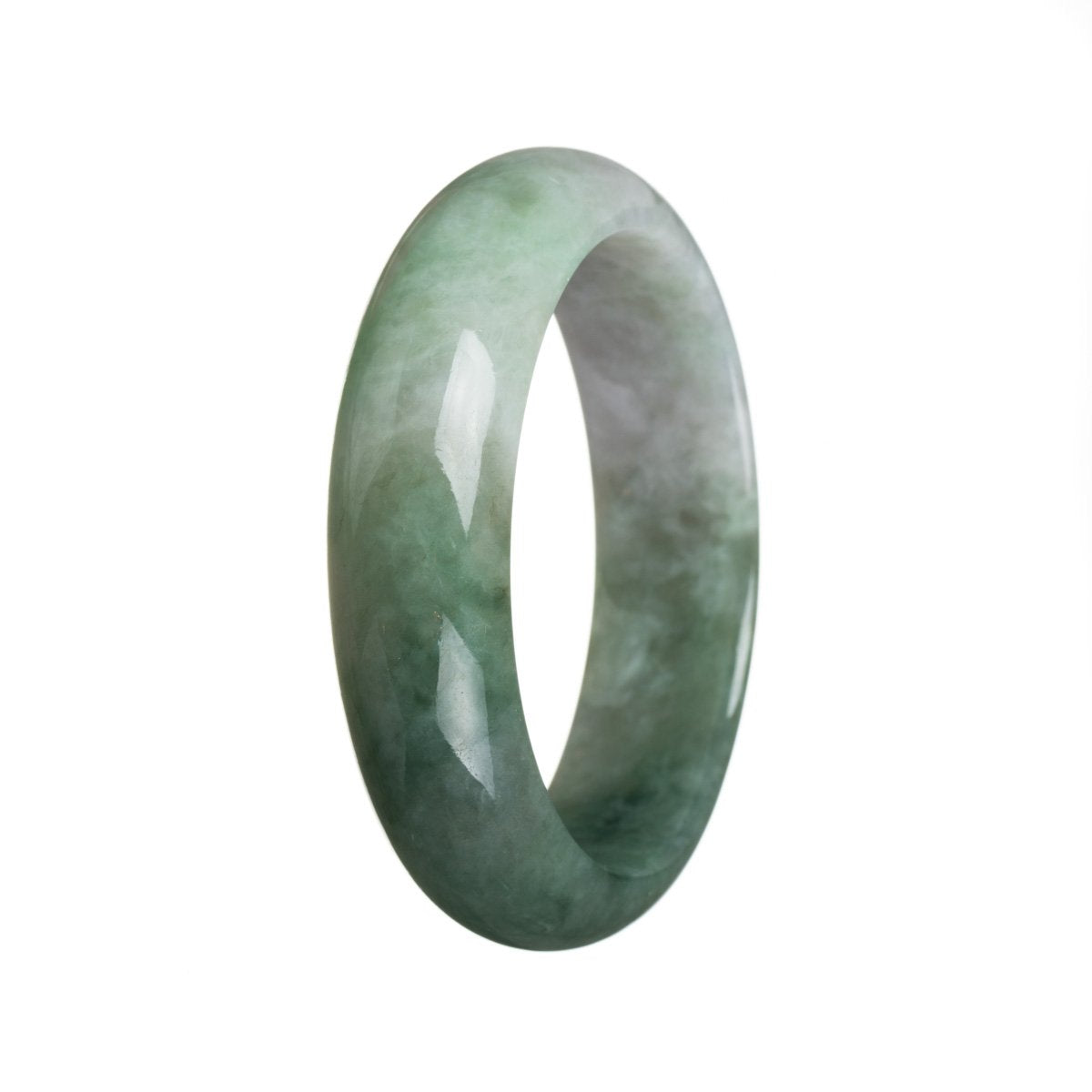 A close-up photo of a beautiful jadeite bracelet with alternating light and dark green stones. The bracelet features a half moon shape and has a diameter of 57mm. It is made of genuine, untreated jadeite.