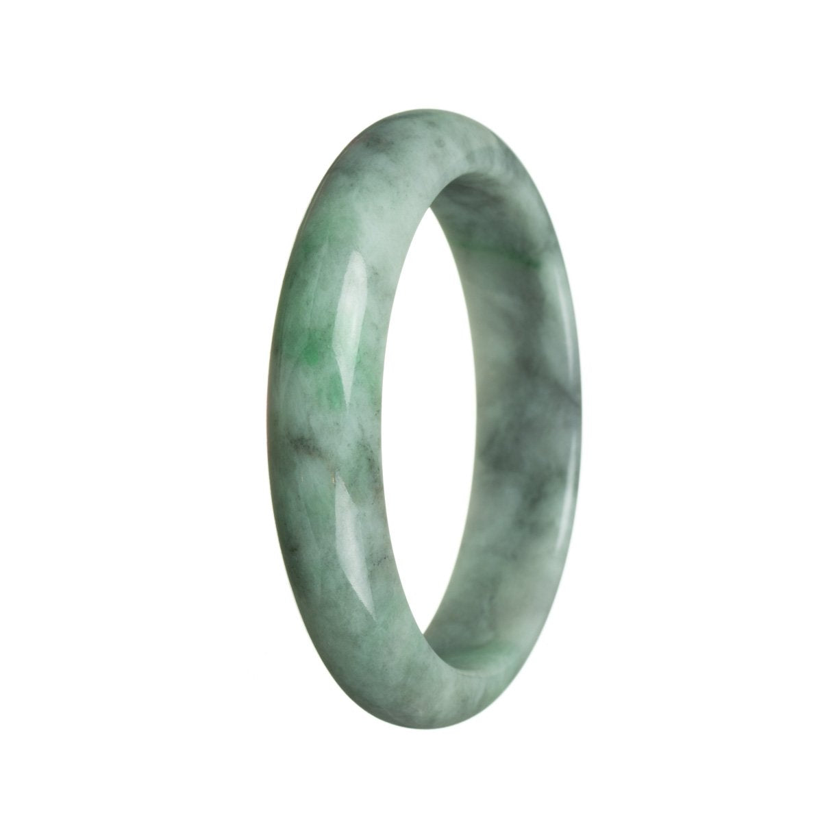 A close-up image of a green jade bangle bracelet with a half-moon shape. The bracelet is made of certified natural green jadeite jade and is 59mm in size. Manufactured by MAYS™.
