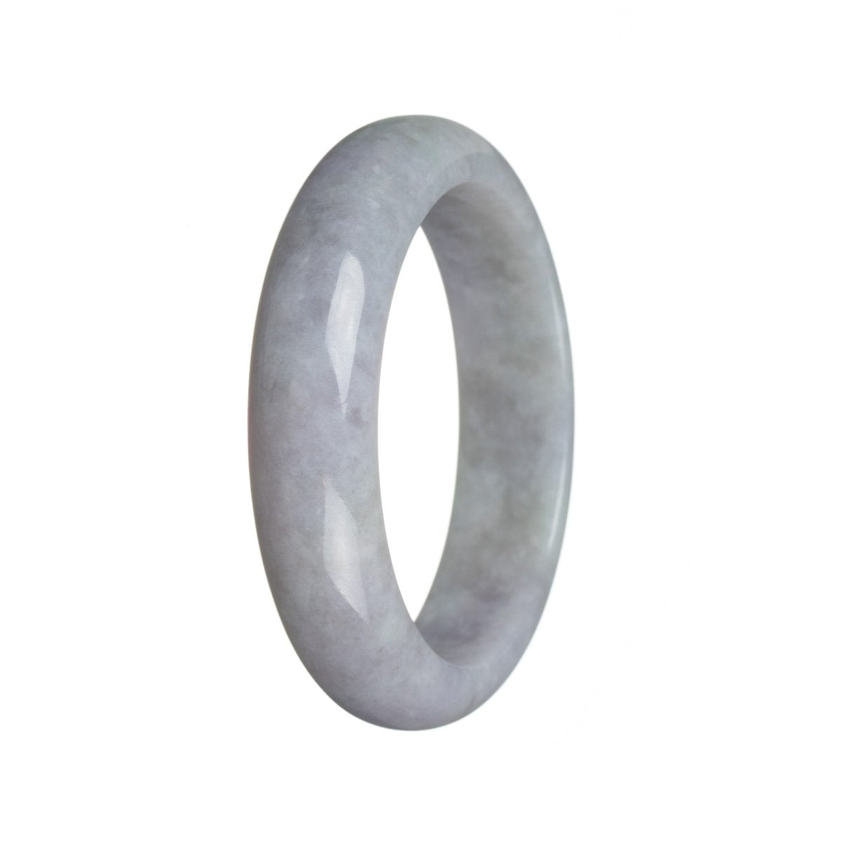 A lavender-colored bangle bracelet made from genuine green Jadeite Jade, featuring a half-moon shape and natural, organic vibes.