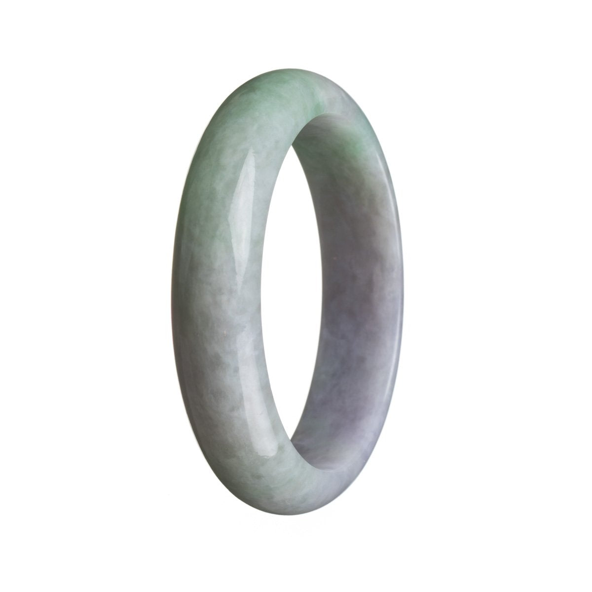 A close-up image of an exquisite jade bracelet made from Grade A green with lavender jadeite jade. The bracelet features a half-moon shape with a diameter of 58mm. It is a beautiful and authentic piece of jewelry from MAYS GEMS.