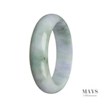 Image of a light green bracelet made from genuine grade A lavender Burma Jade. The bracelet is in the shape of a half moon and measures 59mm in size. Perfect for adding a touch of elegance to any outfit.