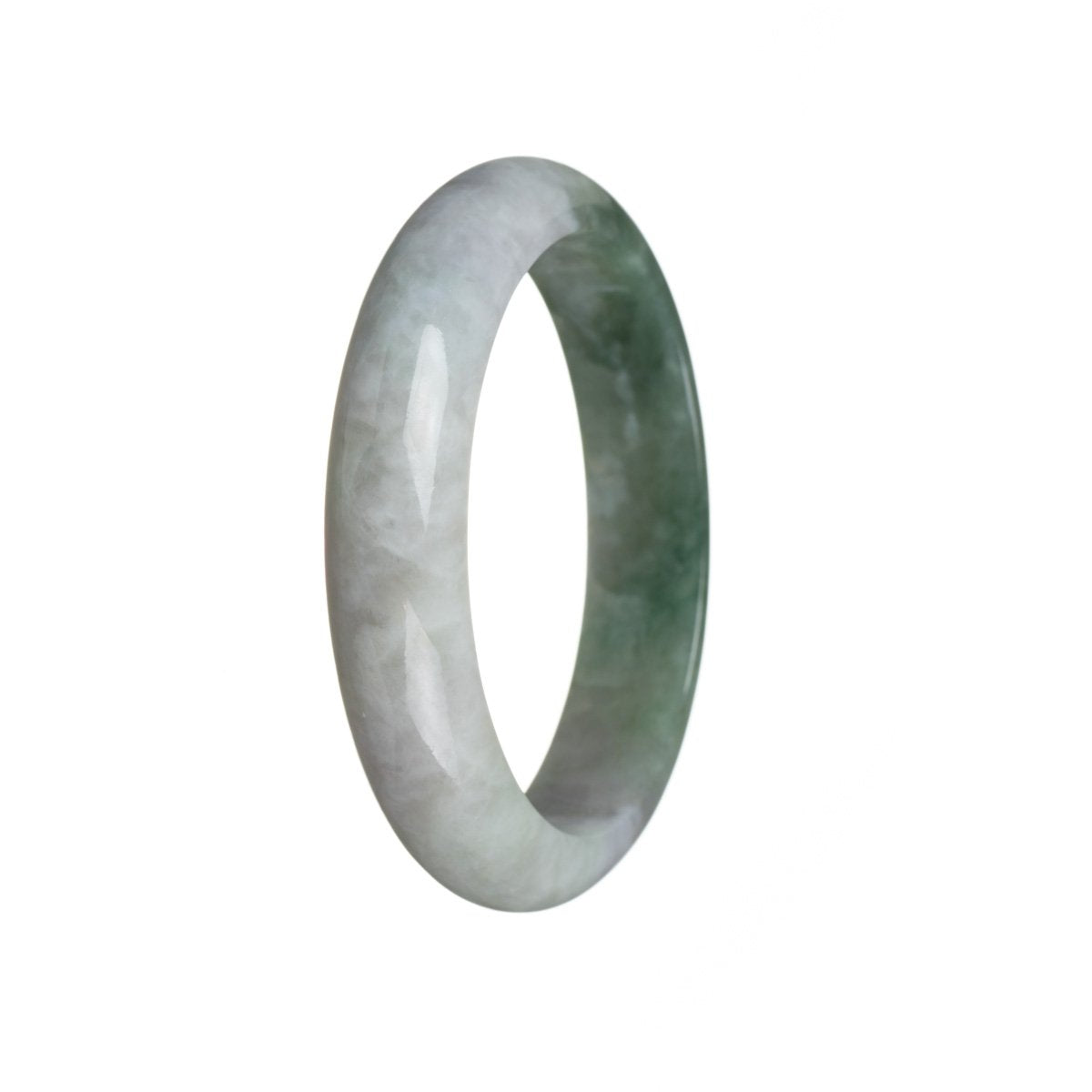A half-moon shaped bangle made of authentic untreated green Burma jade, measuring 58mm. Exquisite craftsmanship by MAYS.