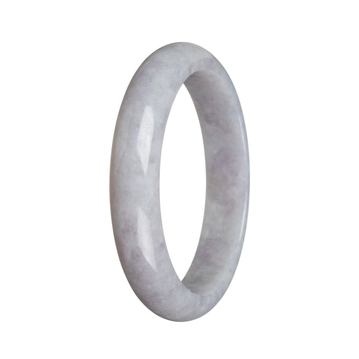 Close-up image of a stunning lavender jadeite bangle, certified as Grade A quality. The bangle has a half moon shape and measures 61mm in diameter. Expertly crafted and adorned with a lustrous finish, this piece from MAYS GEMS is a timeless beauty.