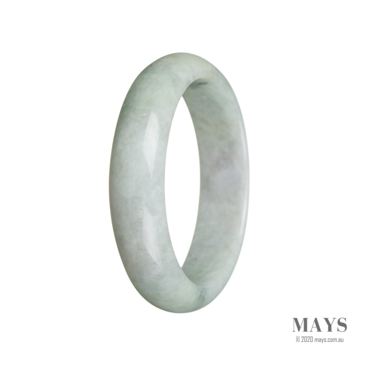 A close-up image of a light green jadeite bangle with a half-moon shape, measuring 59mm in diameter. The bangle is made from authentic Grade A jadeite and is sold by MAYS.