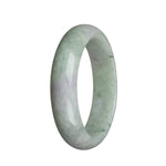 A light green Burmese jade bangle bracelet with hints of lavender, featuring a 58mm half moon shape. Genuine Grade A quality.