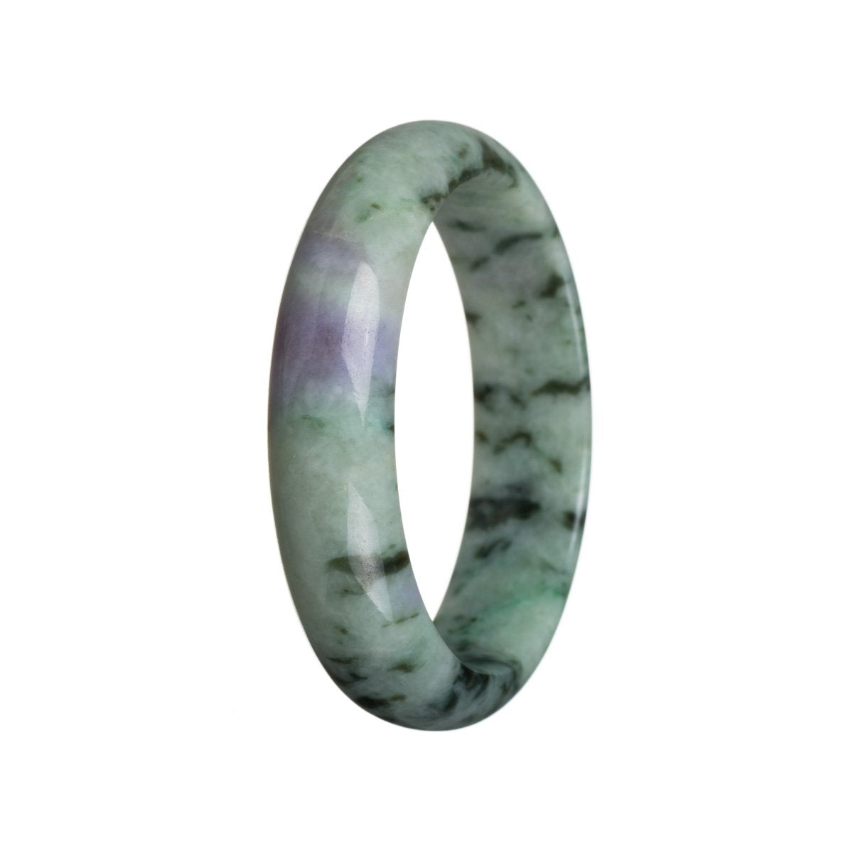 A beautiful half-moon shaped jade bangle bracelet in a stunning shade of green with lavender undertones. It is made from genuine Grade A Burmese jade, ensuring high quality and authenticity. The bracelet has a diameter of 55mm, making it a perfect fit for most wrists. A stylish and elegant piece of jewelry from the brand MAYS™.