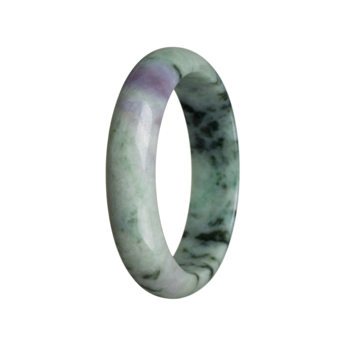 A close-up of a beautiful jadeite bracelet, featuring a half-moon shaped centerpiece in a stunning shade of green with hints of lavender.