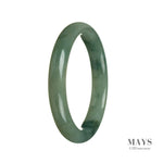 A beautiful green jadeite bangle with a semi-round shape, measuring 63mm in diameter. Crafted from genuine grade A jadeite, this bangle is a timeless and elegant piece from MAYS.