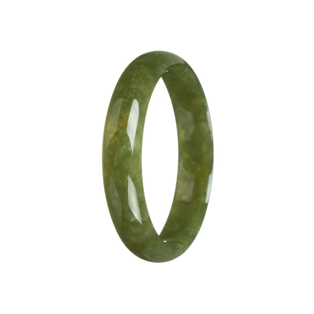 A close-up photo of a beautiful, olive green Burmese jade bangle. The bangle is half moon-shaped and measures 54mm in diameter. It exudes an aura of authenticity and natural beauty.