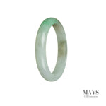 A beautiful half moon-shaped bangle made of genuine natural white jadeite jade with an intricate pattern.