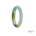 A close-up photo of a Real Grade A White Jade Bracelet with a unique pattern, shaped like a 52mm Half Moon. The bracelet is from the brand MAYS.