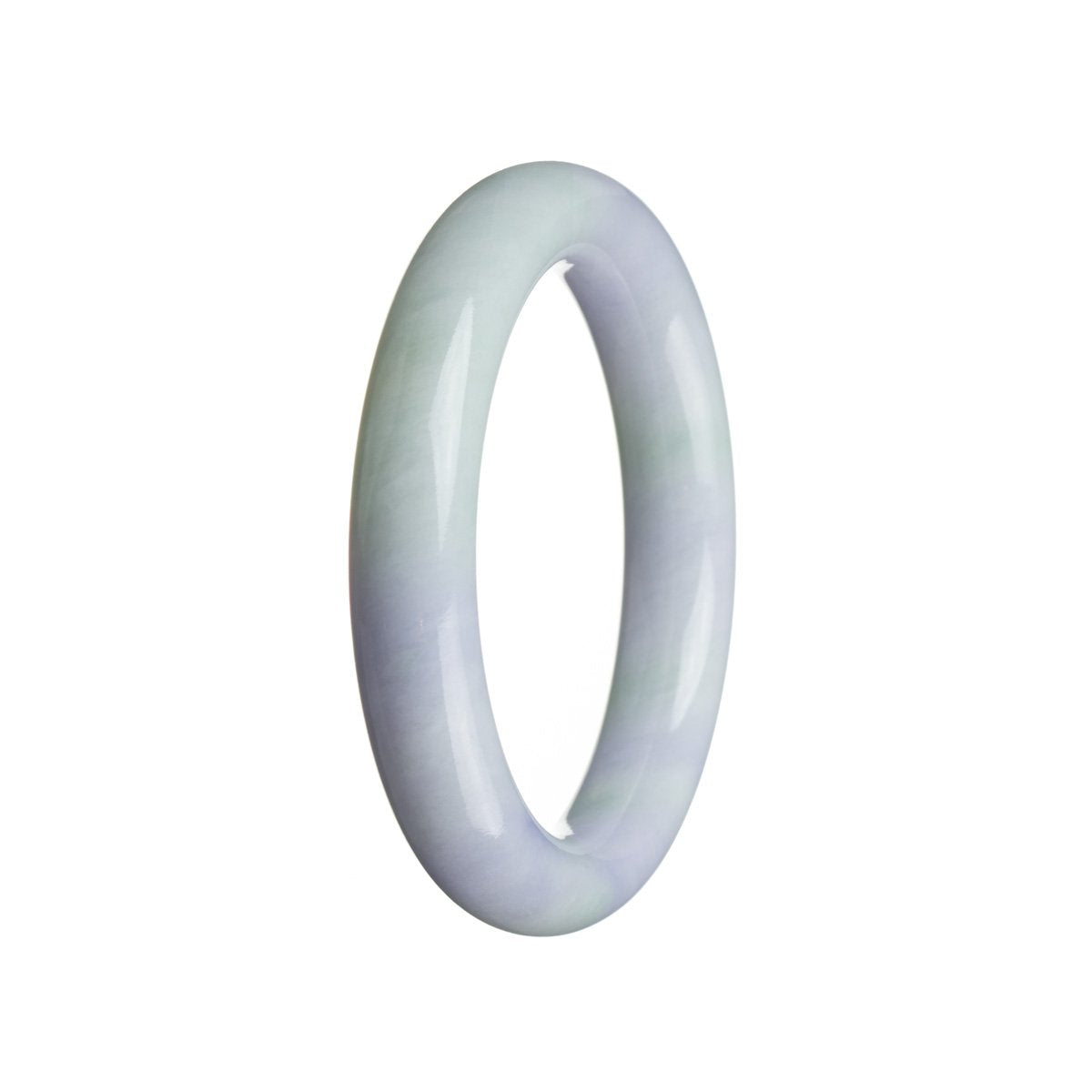A close-up photo of a beautiful lavender Burmese jade bracelet with a round shape, measuring 52mm in diameter. The bracelet features authentic Grade A candy lavender Burmese jade stones, showcasing their natural beauty and craftsmanship. The stones are smooth and polished, creating a stunning piece of jewelry.