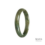 A close-up photo of a brownish green jade bangle bracelet with a half moon shape, measuring 57mm in diameter.