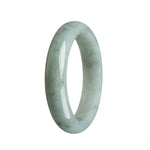A close-up photograph of a grey jadeite bracelet. The bracelet is made of Grade A grey jadeite stones and features a half-moon design. The stones are smooth and polished, reflecting light. The bracelet has a comfortable size of 59mm, suitable for a medium-sized wrist. It is a product by the brand MAYS, known for their authentic jadeite jewelry.