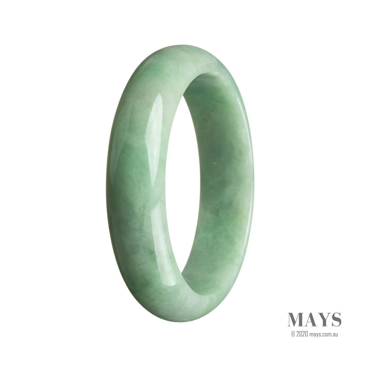 A stunning green Burma jade bracelet with a half moon shape, measuring 59mm.