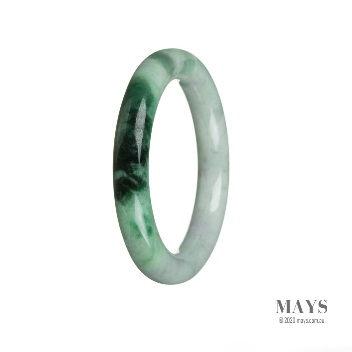 A circular jade bangle bracelet with a vibrant green color and a certified Grade A quality. The bangle features an intricate pattern and has a diameter of 52mm. Sold by MAYS.