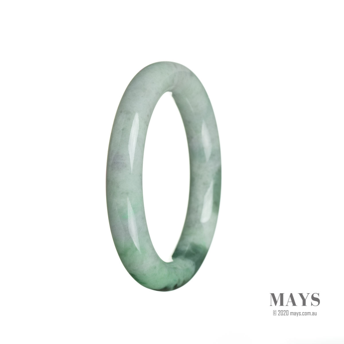 A round jadeite bangle bracelet with a certified Grade A green color and intricate pattern, measuring 52mm in diameter. Sold by MAYS GEMS.