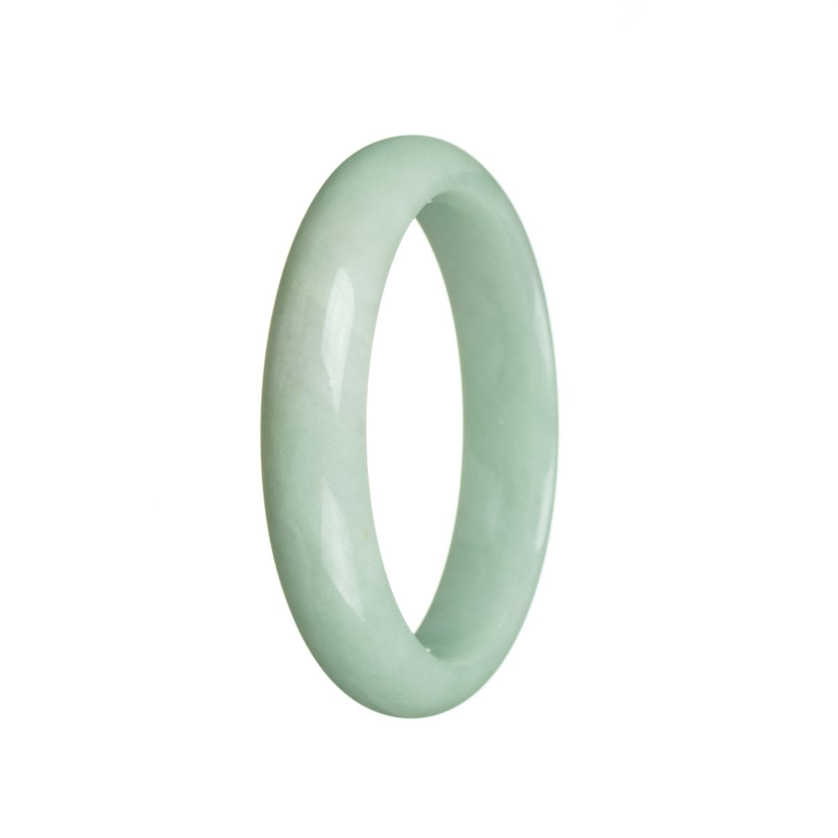 A light green jadeite bangle with a half moon design, measuring 59mm. Made from genuine grade A jadeite. Offered by MAYS GEMS.