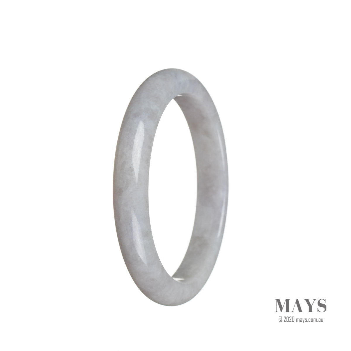 A close-up image of an elegant lavender jade bracelet, featuring semi-round beads measuring 57mm in diameter. This authentic Type A jade bracelet is beautifully crafted and perfect for adding a touch of sophistication to any outfit.