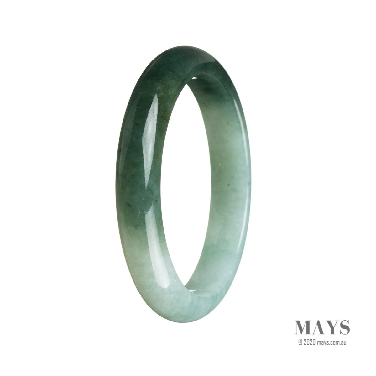 A close-up image of a stunning green Burmese jade bracelet, shaped like a half moon. The bracelet is made of genuine Grade A jade and measures 58mm in size. It features a smooth and polished surface, showcasing the natural beauty of the jade stone. The bracelet is a unique piece of jewelry from MAYS GEMS, perfect for adding an elegant touch to any outfit.
