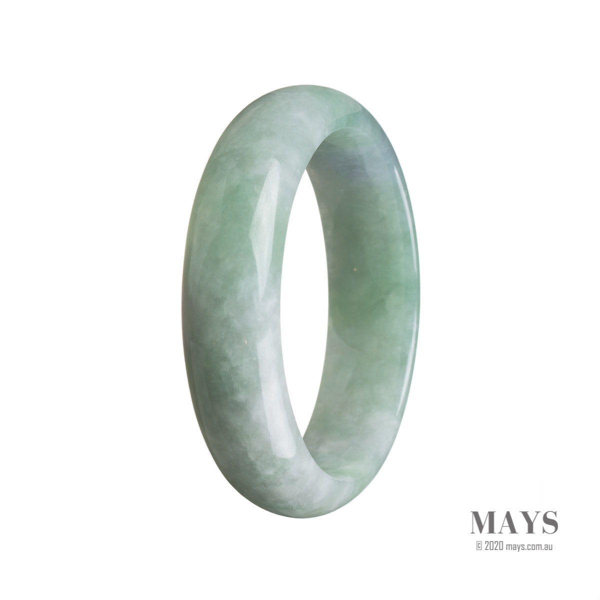 A half moon-shaped bracelet made of genuine untreated green Burma jade, measuring 56mm. MAYS™ brand.