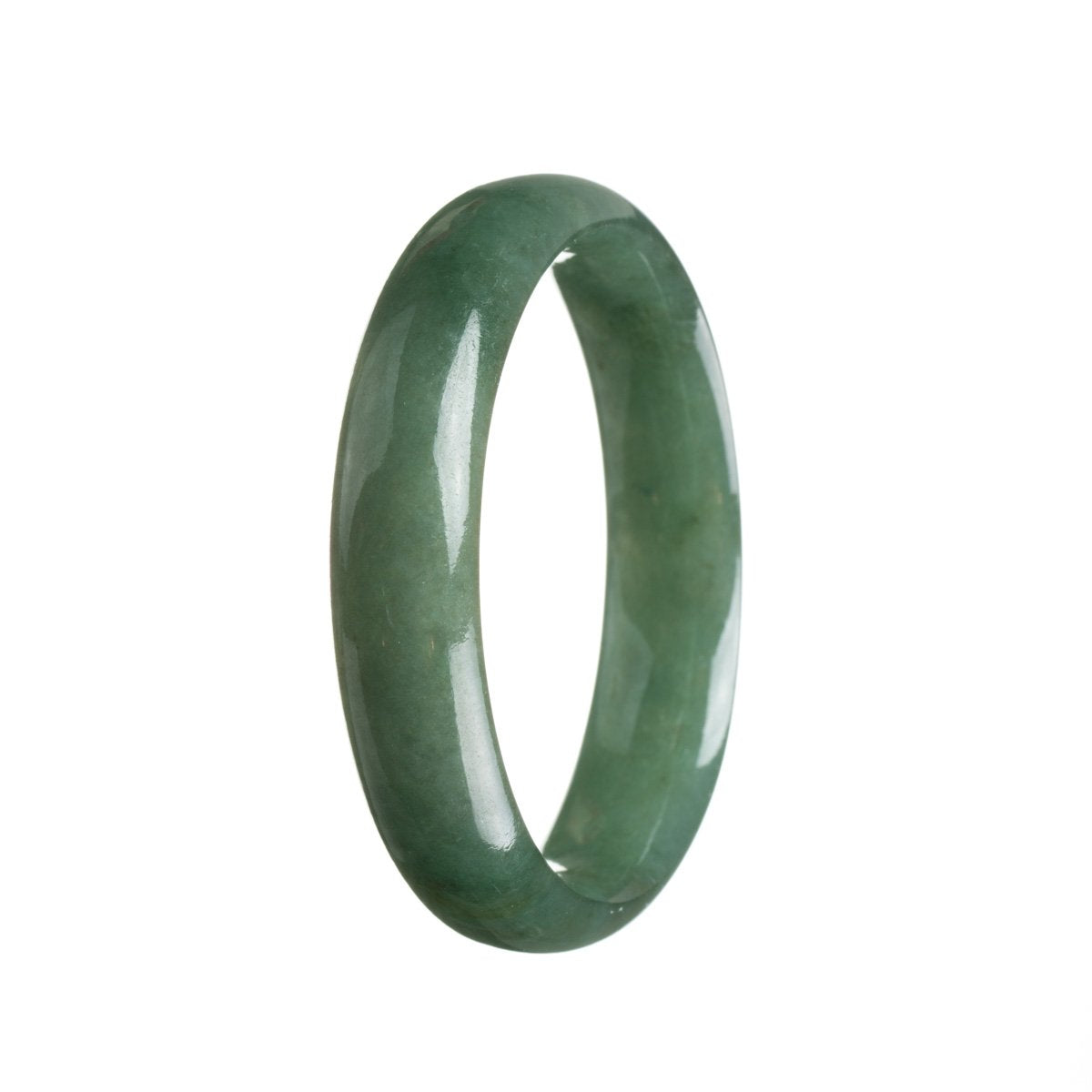 A close-up photo of a deep green jadeite bangle bracelet with a half-moon shape. The bracelet has a genuine Type A jadeite stone and measures 56mm in size. It is a high-quality piece of jewelry from the brand MAYS™.