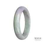 A beautiful half moon-shaped jade bangle bracelet in a vibrant green color with hints of lavender, made from genuine Grade A Burma Jade.
