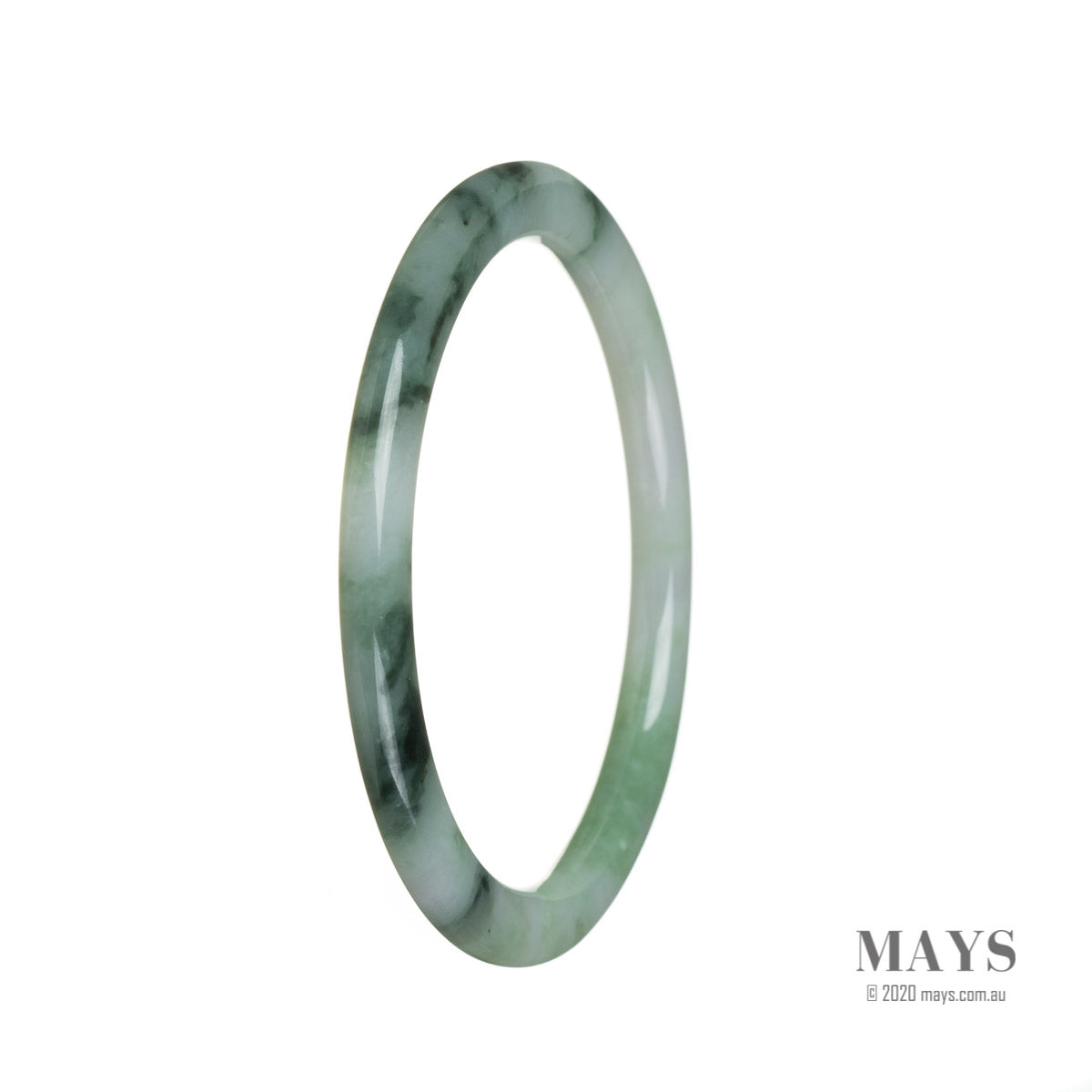 A small round jade bangle made of untreated green flower jadeite, certified for its authenticity by MAYS™.