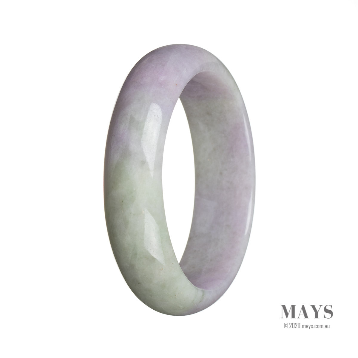 Close-up of a beautiful lavender and green jadeite jade bangle bracelet, with a smooth and polished surface. The bracelet features a half-moon shape and is certified Grade A. The jadeite jade has a stunning color combination, with lavender and green hues blending together. Perfect as a statement piece or for adding a touch of elegance to any outfit.