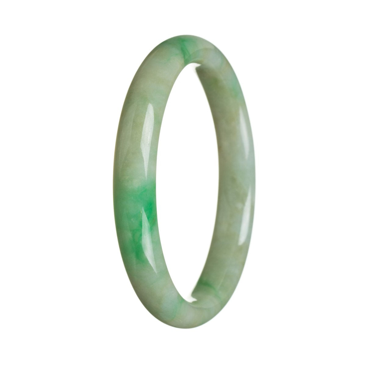 A close-up image of a genuine Type A Green Burma Jade bracelet. The bracelet is 64mm in size and has a semi-round shape. It is a beautiful piece of jewelry from the brand MAYS.