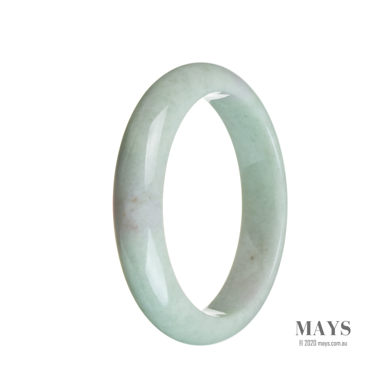A close-up photo of a pale lavender and green jadeite jade bracelet in the shape of a half moon. The bracelet has a smooth, polished surface and is made with high-quality Grade A jade. The colors of the jade are soft and soothing, creating a serene and elegant look. The bracelet measures 59mm in diameter and is a stunning piece of jewelry from the MAYS™ collection.
