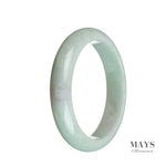 A close-up photo of a pale lavender and green jadeite jade bracelet in the shape of a half moon. The bracelet has a smooth, polished surface and is made with high-quality Grade A jade. The colors of the jade are soft and soothing, creating a serene and elegant look. The bracelet measures 59mm in diameter and is a stunning piece of jewelry from the MAYS™ collection.
