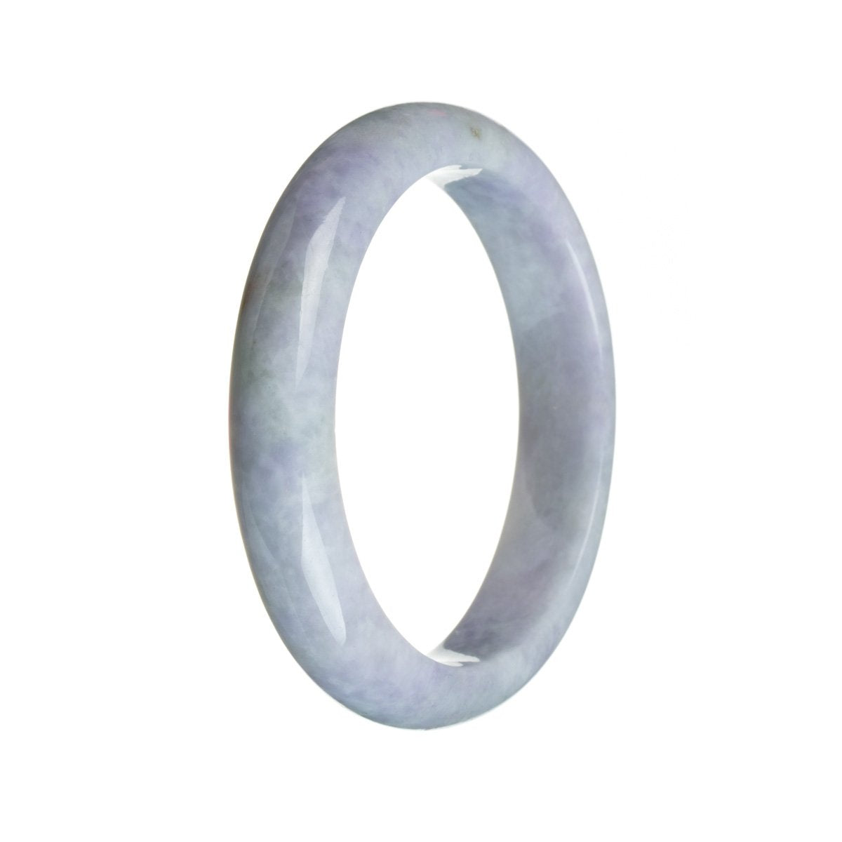 A close-up of a lavender jadeite bangle bracelet with a strong, solid color. The bracelet is semi-round and has a diameter of 59mm. It is a high-quality, genuine piece made with real grade A jadeite. The brand name "MAYS™" is engraved on the inner part of the bangle.