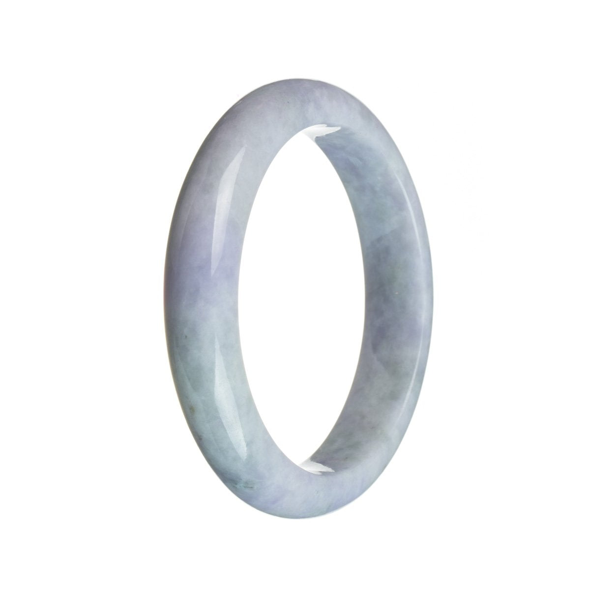 A close-up image of a real grade A strong lavender jadeite jade bangle. The bangle has a semi-round shape and measures 59mm in diameter. It is a luxurious piece of jewelry, perfect for adding an elegant touch to any outfit. The lavender color of the jadeite jade adds a sense of tranquility and beauty. Created by MAYS™, a trusted brand known for their high-quality jadeite jade items.