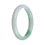 A close-up photo of a jade bangle bracelet in a semi-round shape. The jade is a vibrant apple green color and is set against a white background. The bracelet measures 62mm in diameter and is made from genuine, natural Burma jade. It is a beautiful piece of jewelry from MAYS GEMS.