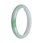 A close-up image of a traditional jade bangle in a beautiful apple green color with white streaks. The bangle is made of high-quality Grade A jade and has a semi-round shape. It measures 62mm in diameter. Designed by MAYS™.