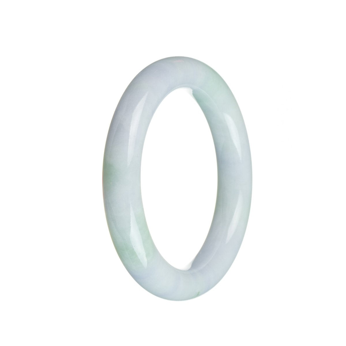 A close-up image of a round, lavender-colored jade bracelet. The bracelet is made of genuine Grade A Candy lavender Burmese Jade and measures 52mm in diameter. It has a smooth and polished surface, showcasing its natural beauty.