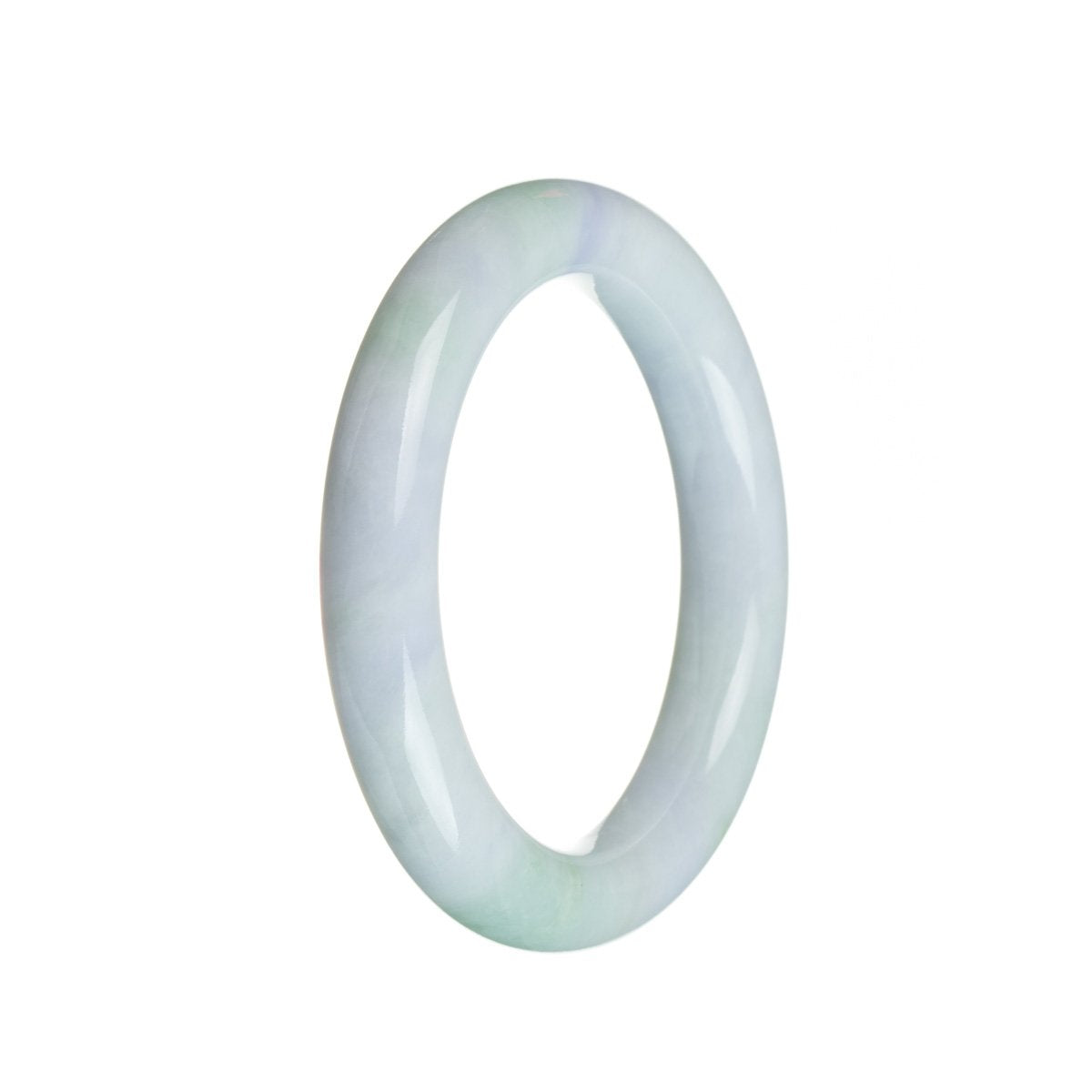 A round lavender-colored jade bangle bracelet, measuring 52mm in diameter. The bracelet is made from authentic Type A candy lavender jadeite jade and is being sold by MAYS.