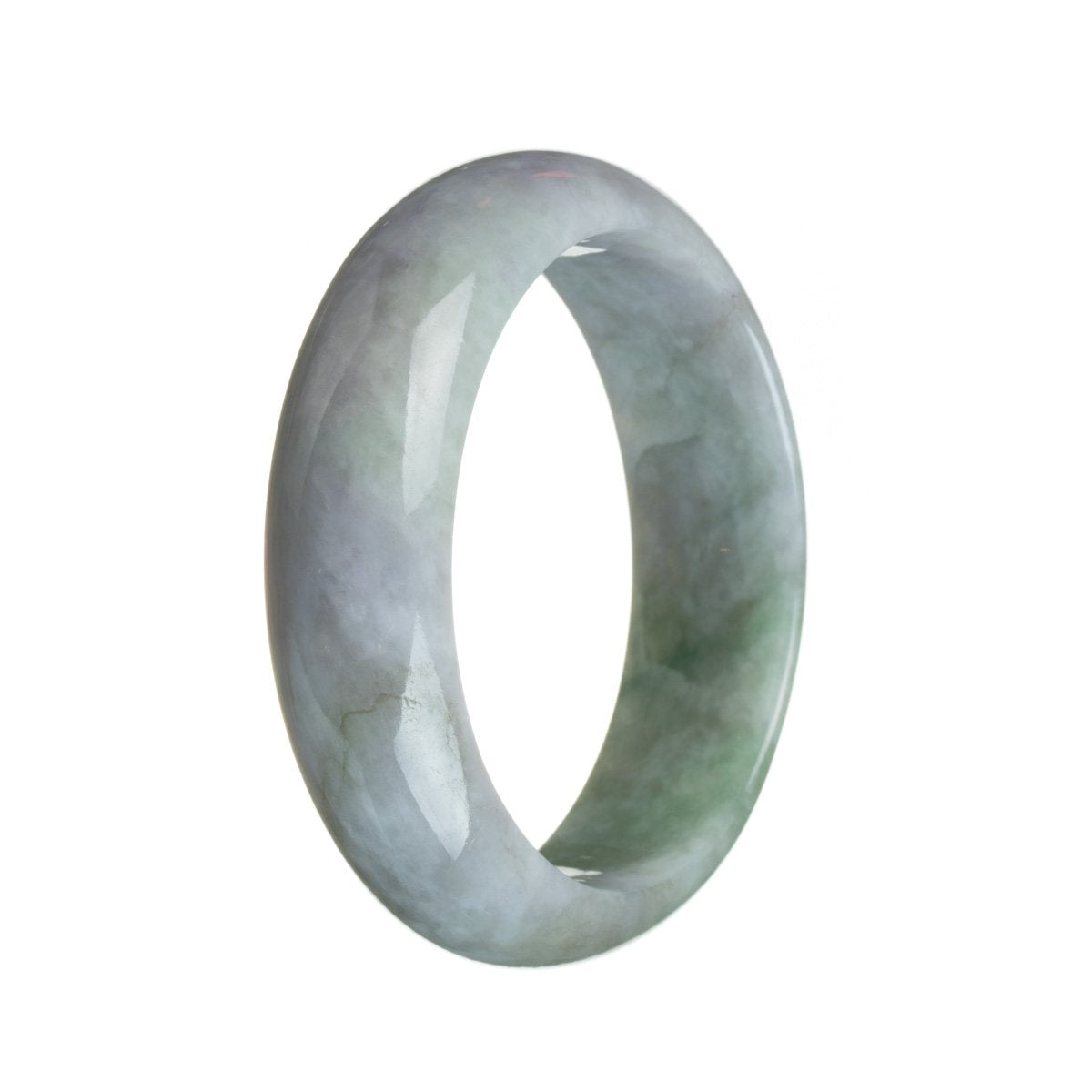 A lavender and green Burma Jade bangle bracelet with a half moon shape, certified Grade A quality by MAYS™.